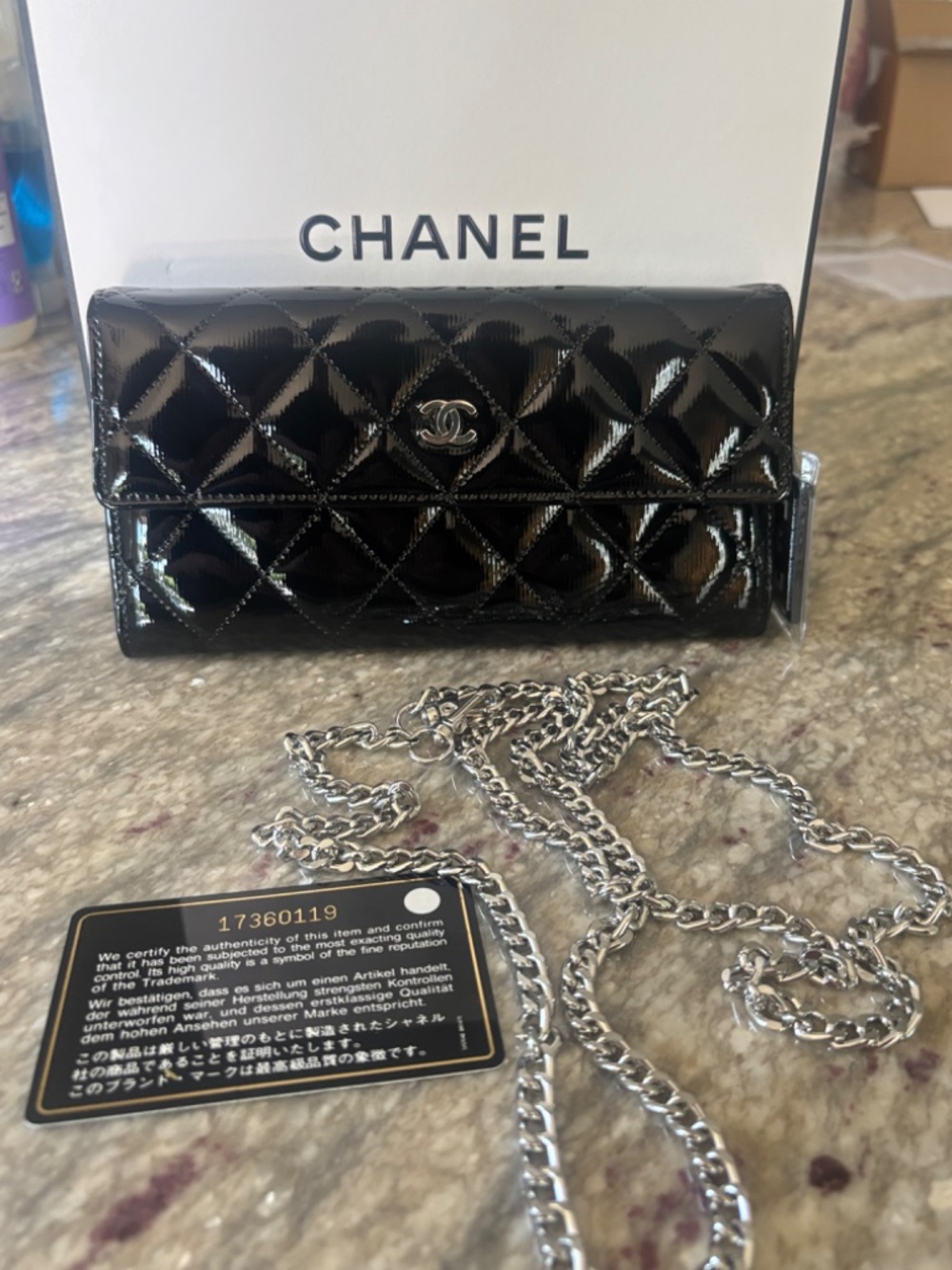 CHANEL Patent Leather Classic Flap Long Wallet Silver CC17 Auth - Picture 10 of 10